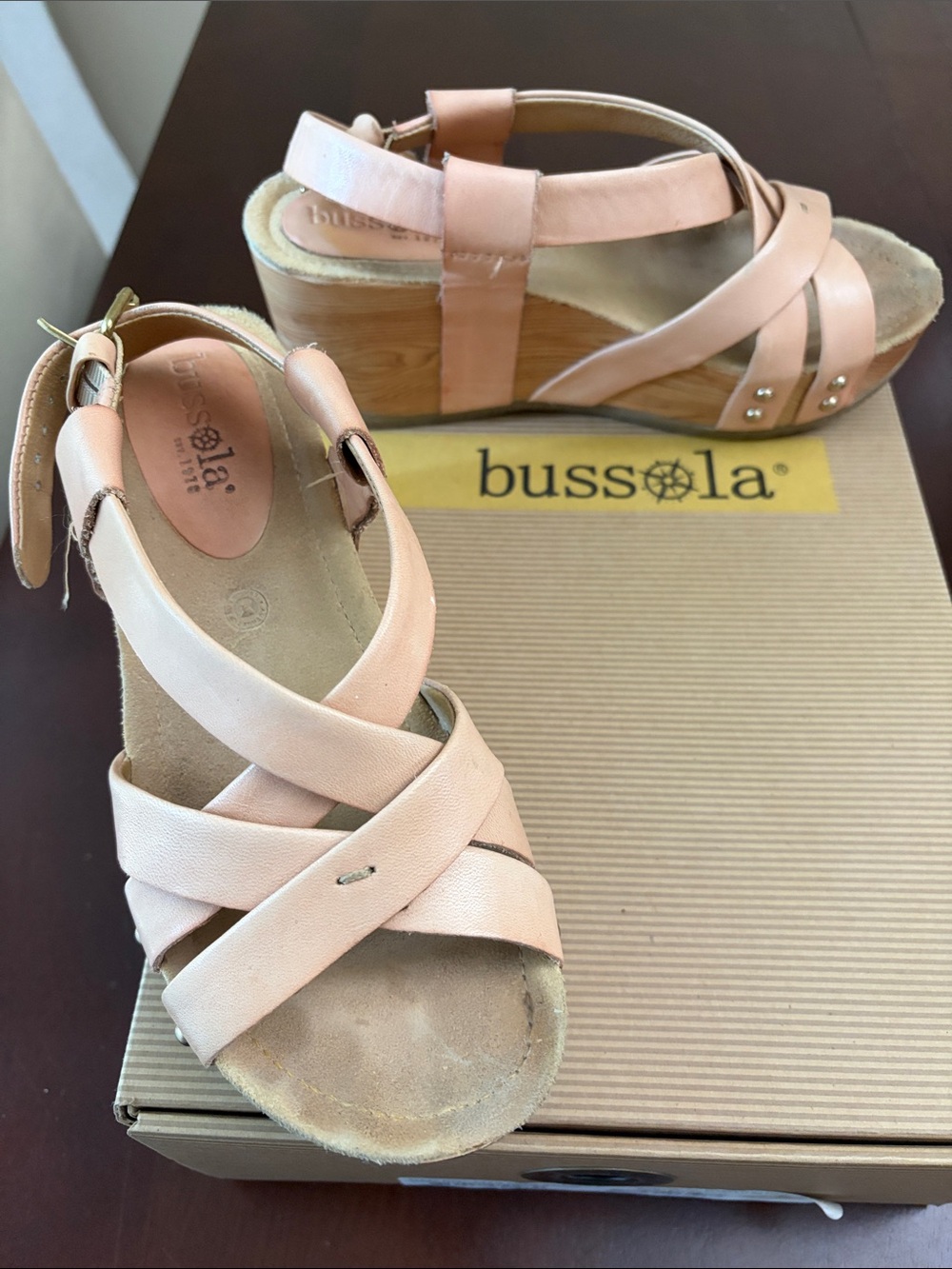 bussola Blush Pink Leather Crisscross Wedge Sandals